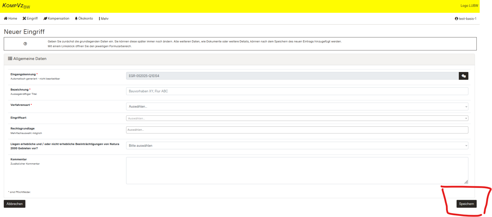 Screenshot des Formulars zum Erfassen der Allgemeinen Daten eines Eingriffs