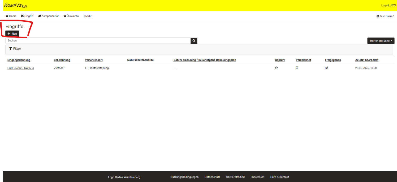 Screenshot der Übersichtstabelle Eingriffe mit Hervorhebung des Buttons