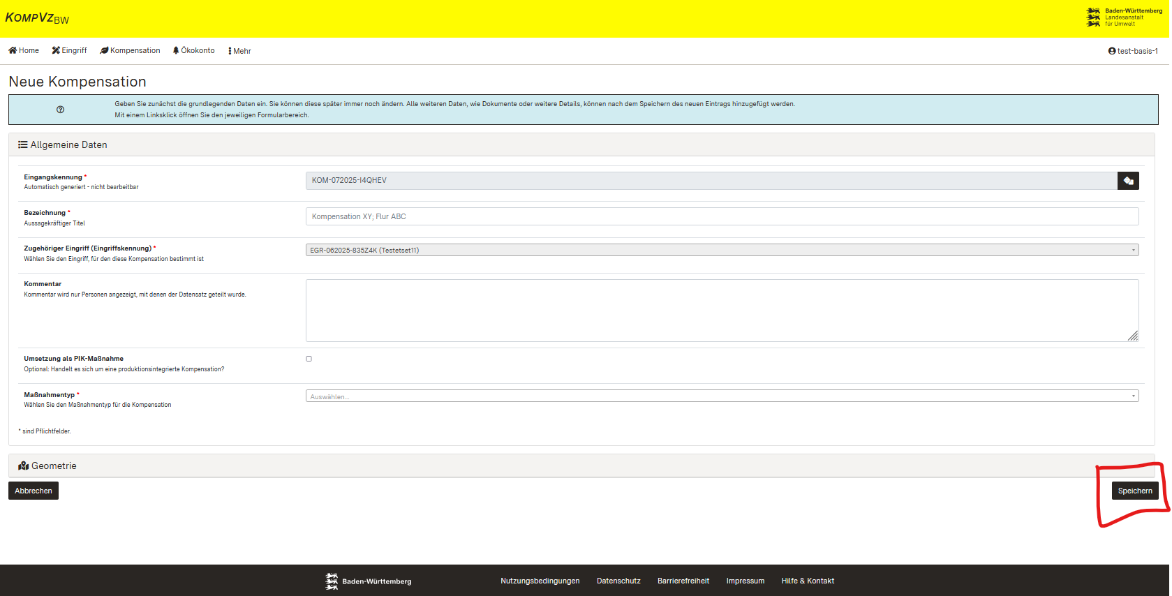 Screenshot des Formulars zum Erfassen der Allgemeinen Daten einer Kompensationsmaßnahme
