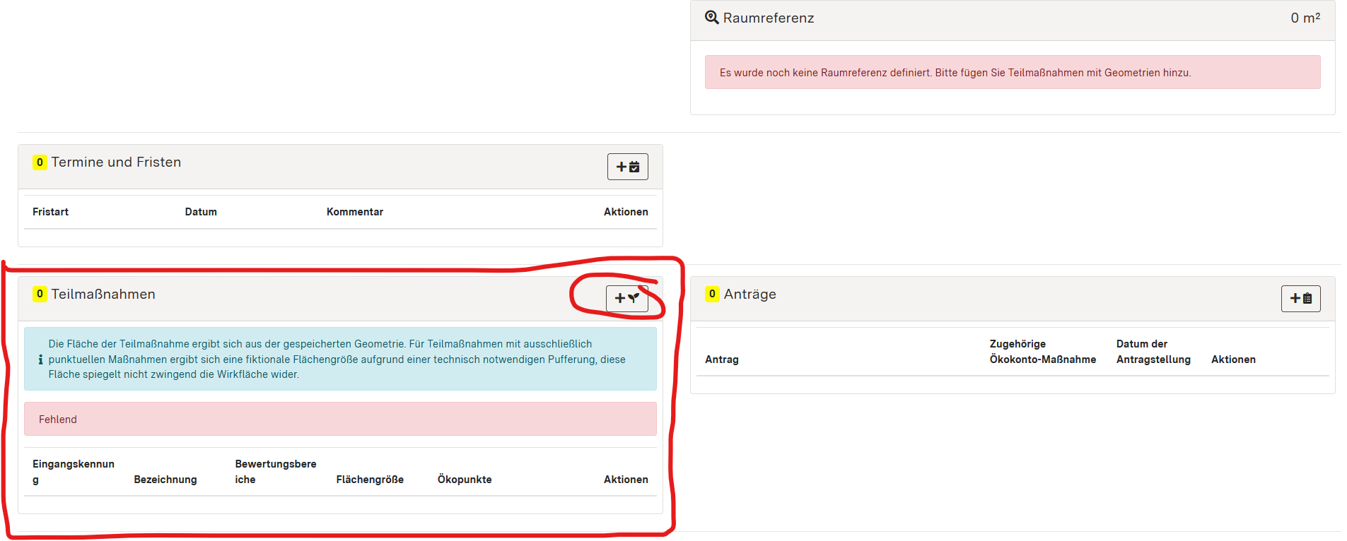 Screenshot des Eingabeformulars für Ökokonto-Maßnahmen mit Hervorhebung der Detaildaten Teilmaßnahmen