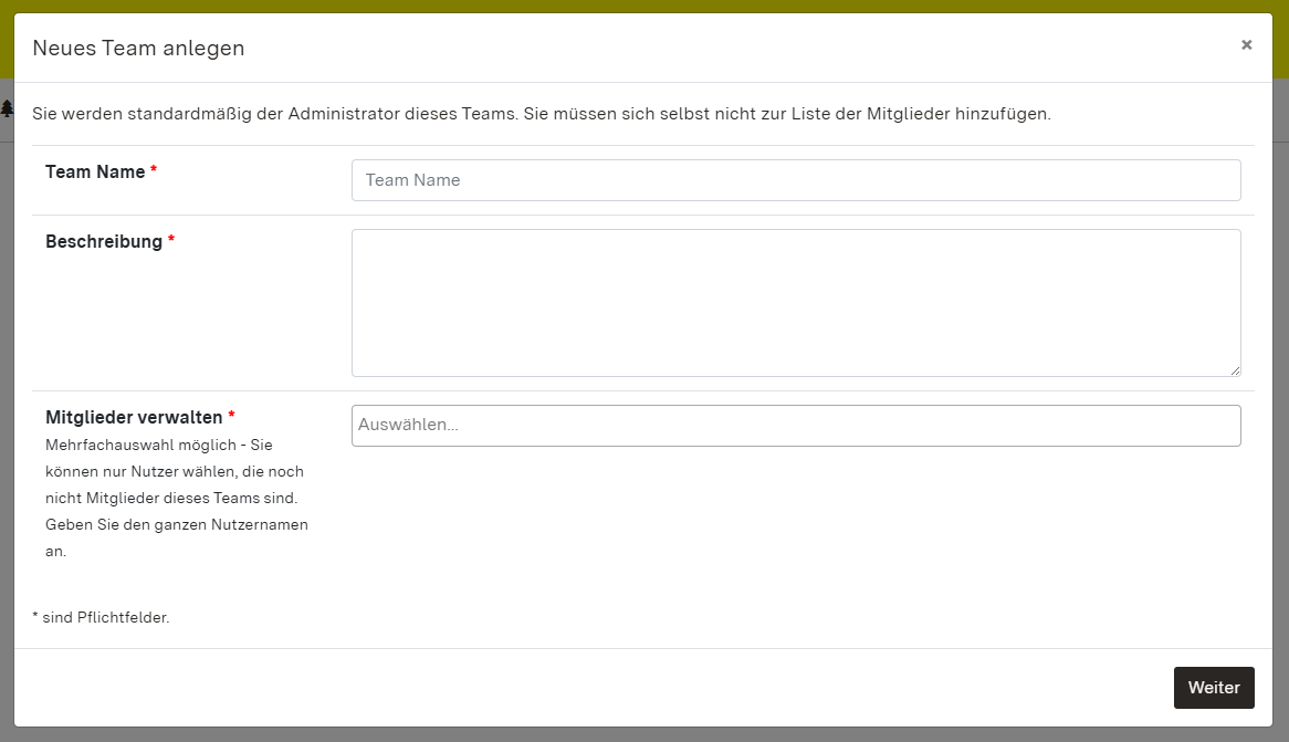 Screenshot des Pop-up-Fenster zum Anlegen eines neuen Teams mit den Angaben Team Name, Beschreibung und Mitglieder verwalten