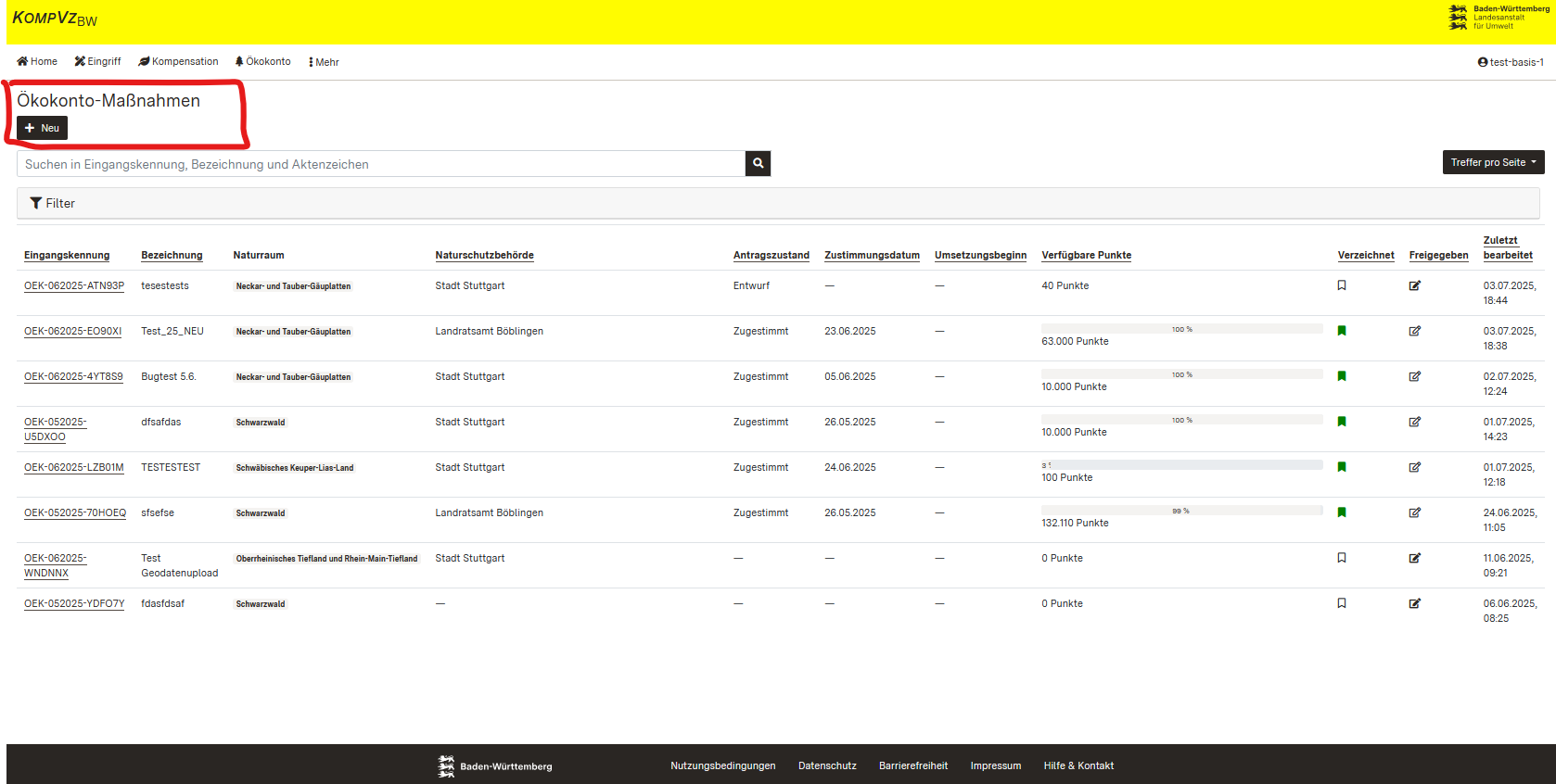 Screenshot der Übersichtstabelle Ökokonto-Maßnahmen mit Hervorhebung des Buttons