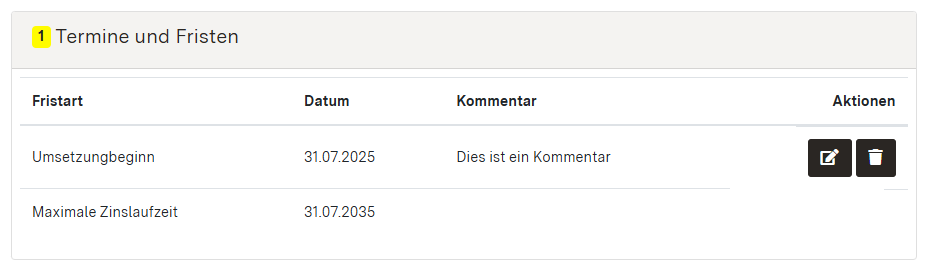 Screenshot des Bereichs "Termine und Fristen" mit hinterlegtem Umsetzungsbeginn und maximaler Zinslaufzeit