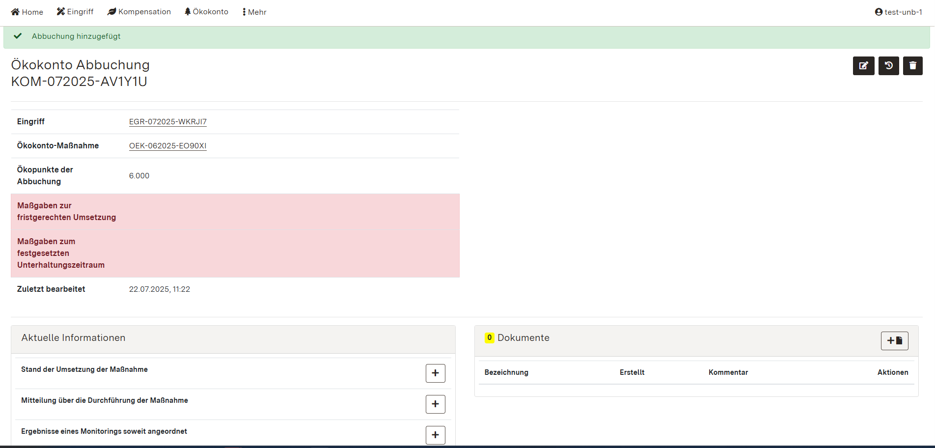 Screenshot der Detailansicht einer Ökokonto Abbuchung