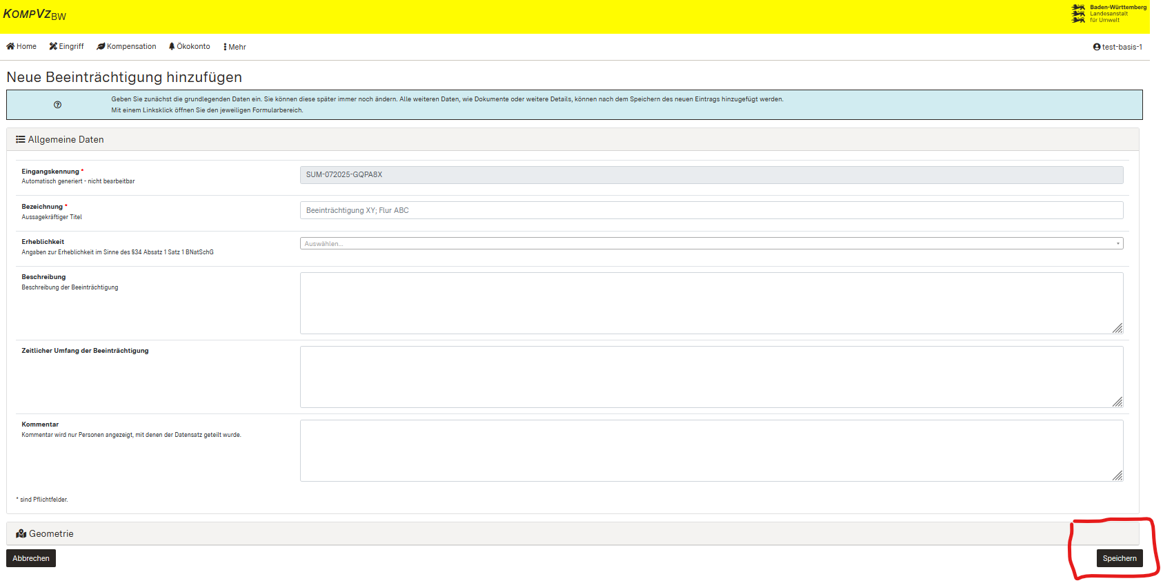 Screenshot des Formulars zum Erfassen der Allgemeinen Daten einer Beeinträchtigung