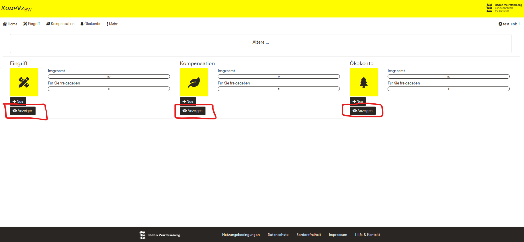 Screenshot der Startseite mit Hervorhebung der Buttons zum Anzeigen der Übersichtstabellen im Schnellzugriff