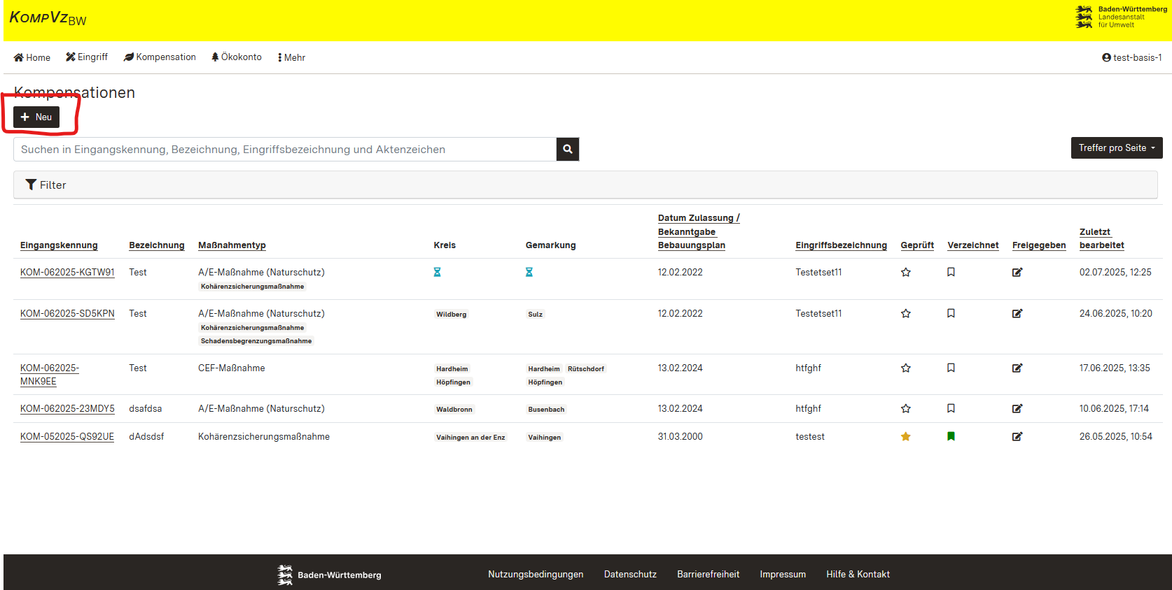 Screenshot der Übersichtstabelle Kompensationen mit Hervorhebung des Buttons