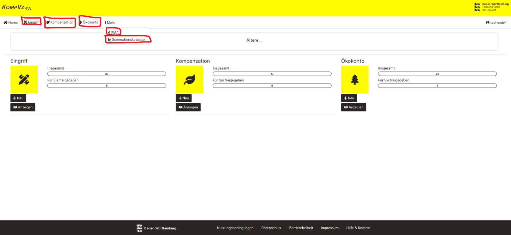 Screenshot der Startseite mit Hervorhebung der Menüleiste zum Anzeigen der Übersichtstabellen