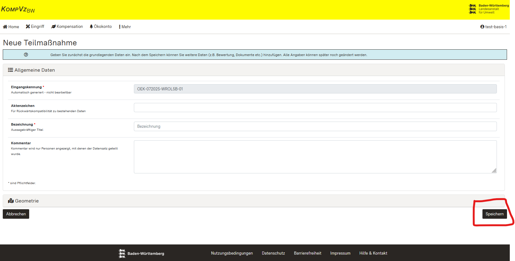 Screenshot des Formulars zum Erfassen der Allgemeinen Daten einer Teilmaßnahme