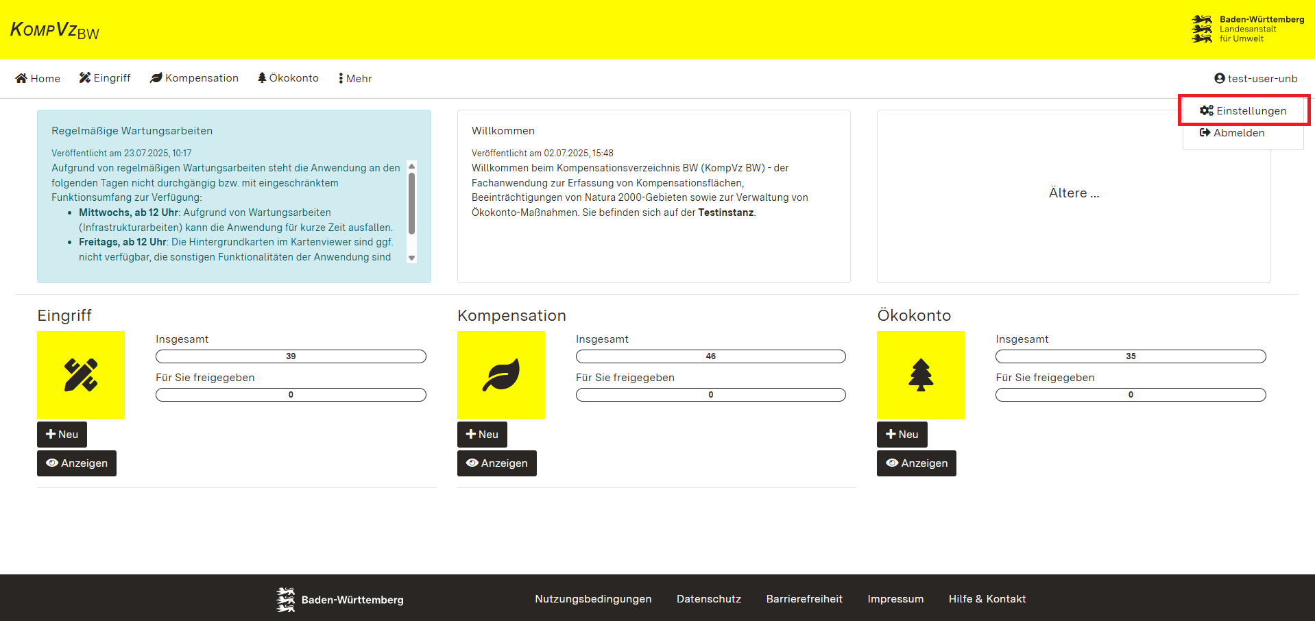 Screenshot der Startseite mit Hervorhebung des Auswahlmenüs zum Anzeigen der Nutzereinstellungen