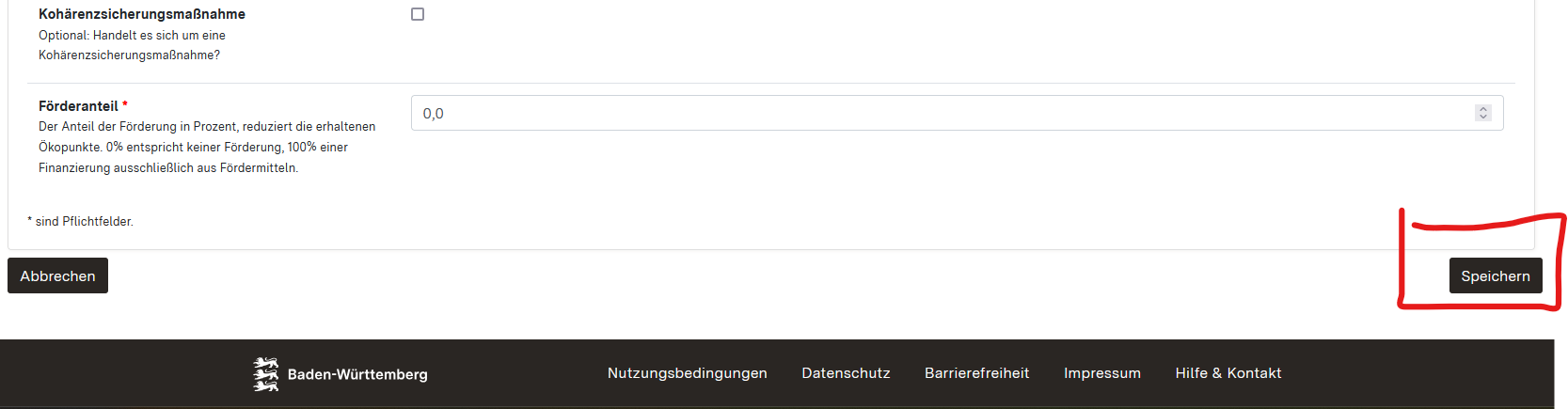Screenshot des Formulars zum Erfassen der Allgemeinen Daten einer Ökokonto-Maßnahme mit Hervorhebung des Speichern-Buttons