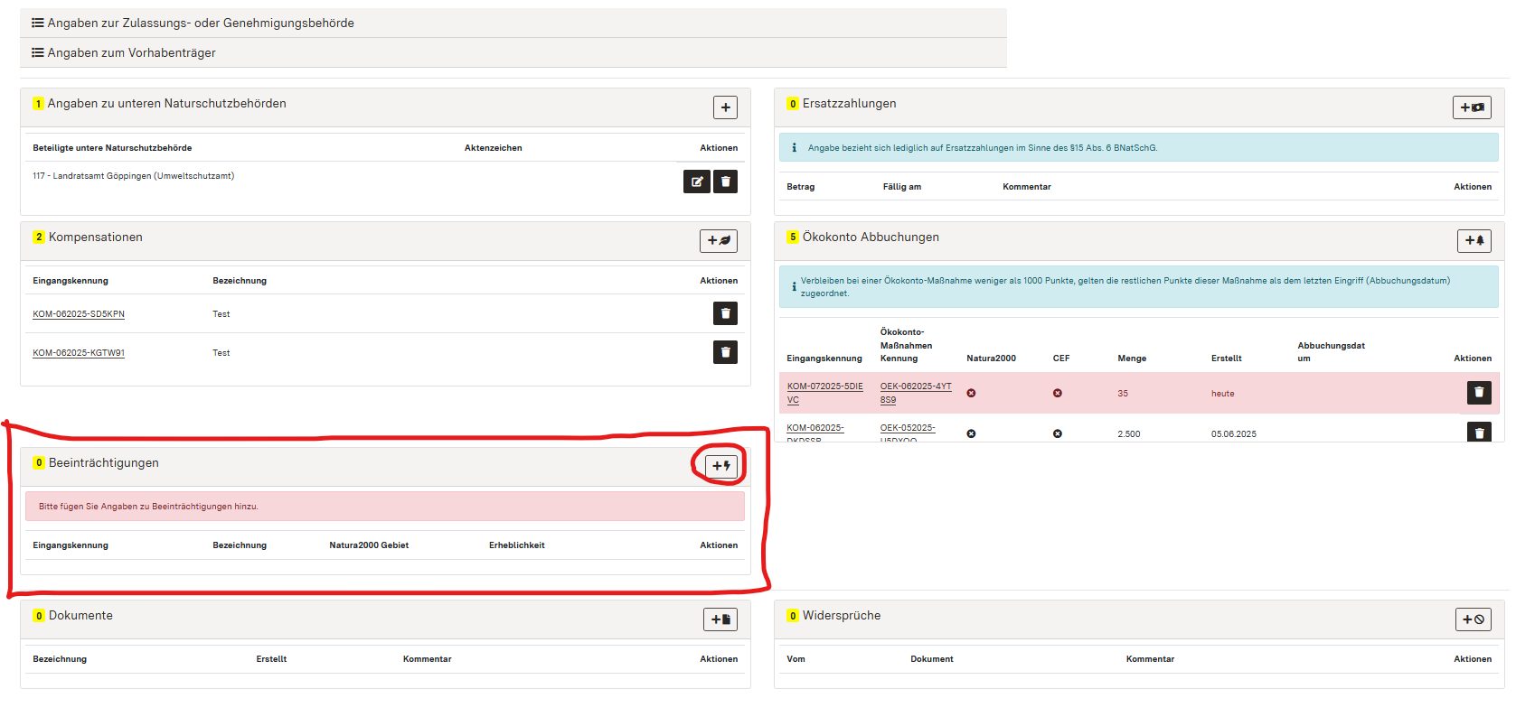 Screenshot des Eingabeformulars für Eingriffe mit Hervorhebung der Detaildaten Beeinträchtigungen