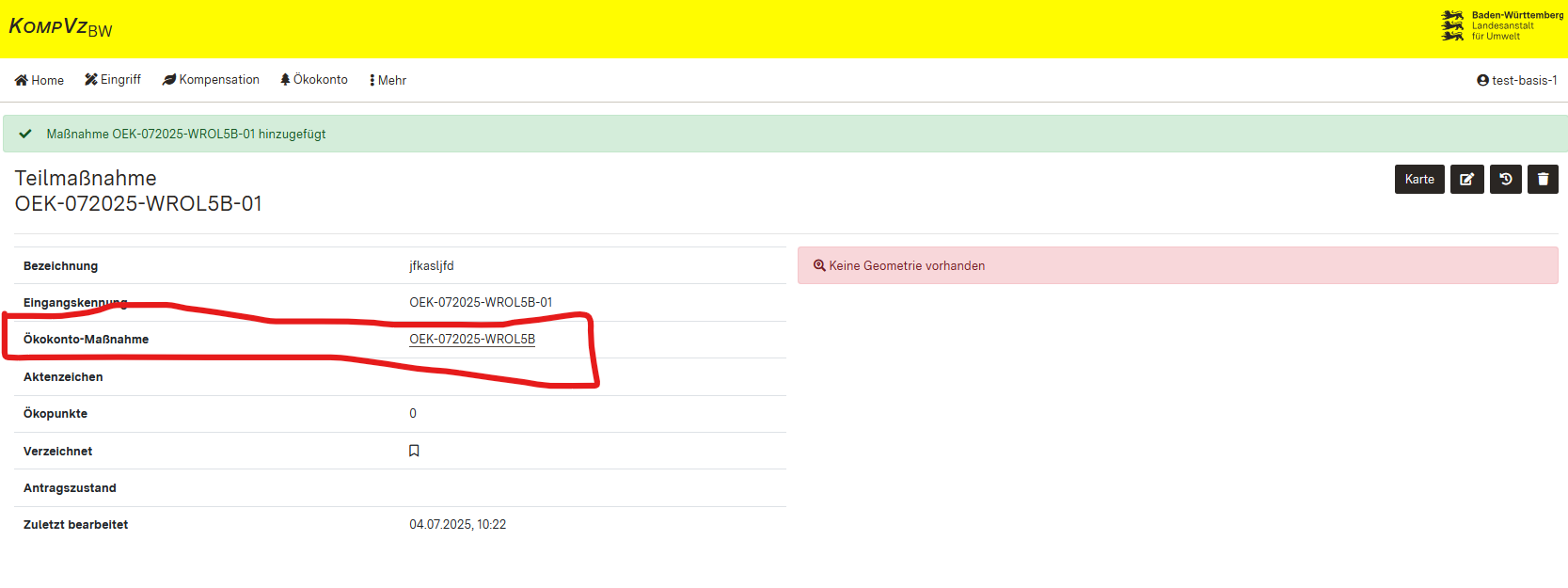 Screenshot der Detailansicht Teilmaßnahme mit Hervorhebung der Verlinkung zur zugehörigen Ökokonto-Maßnahme