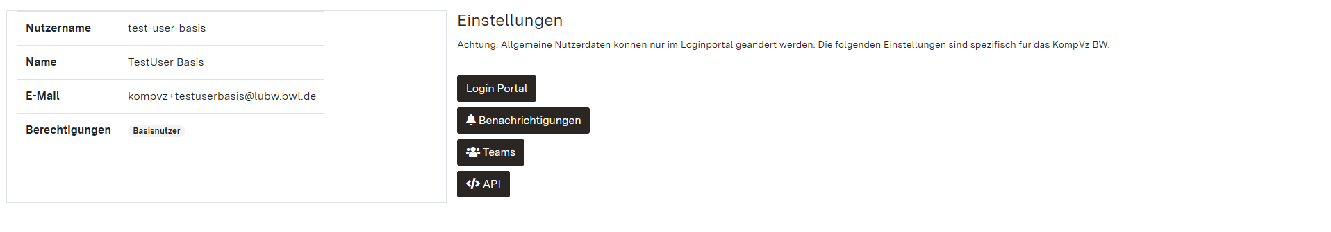 Screenshot der Übersicht der Zugangseinstellungen