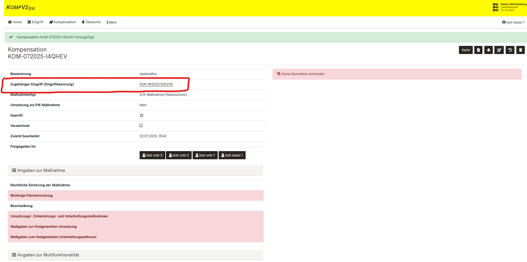 Screenshot der Detailansicht Kompensationsmaßnahme mit Hervorhebung der Verlinkung zum zugehörigen Eingriff