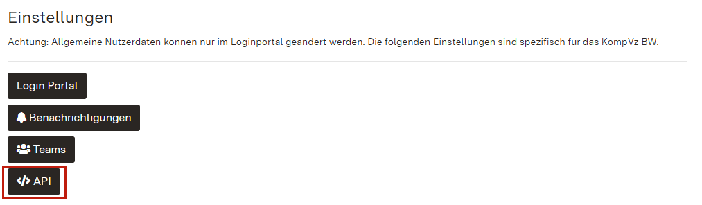 Screenshot der Einstellungen mit Hervorhebung des Punktes "API"