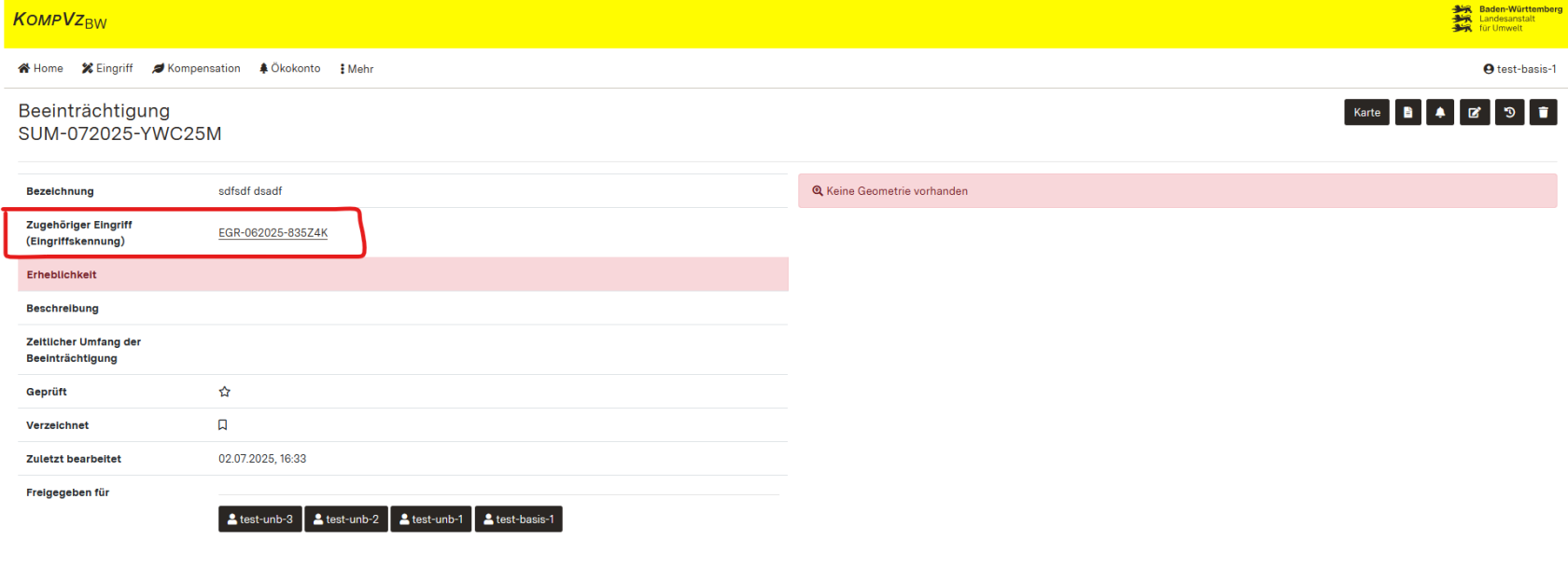 Screenshot der Detailansicht Beeinträchtigung mit Hervorhebung der Verlinkung zum zugehörigen Eingriff