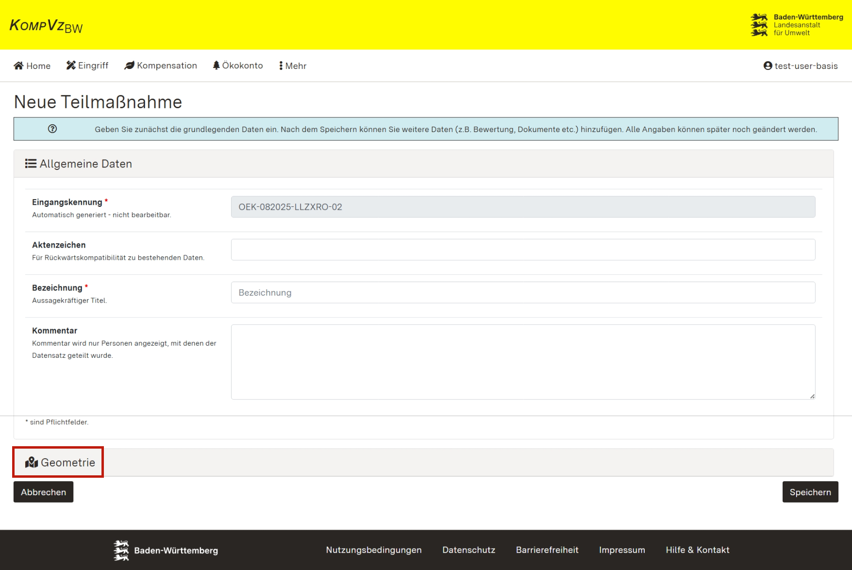 Screenshot des Formulars zum Erfassen der Allgemeinen Daten sowie Geometrie einer Teilmaßnahme