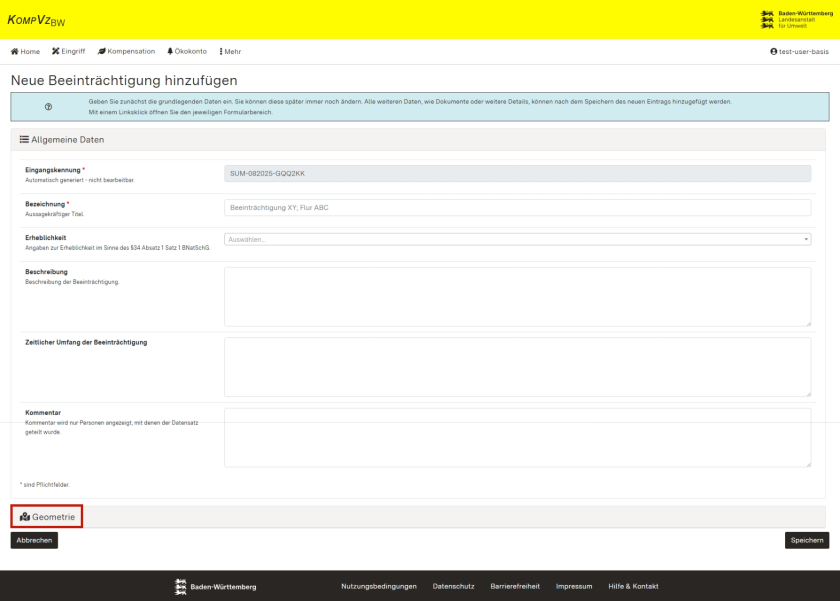 Screenshot des Formulars zum Erfassen der Allgemeinen Daten einer Beeinträchtigung