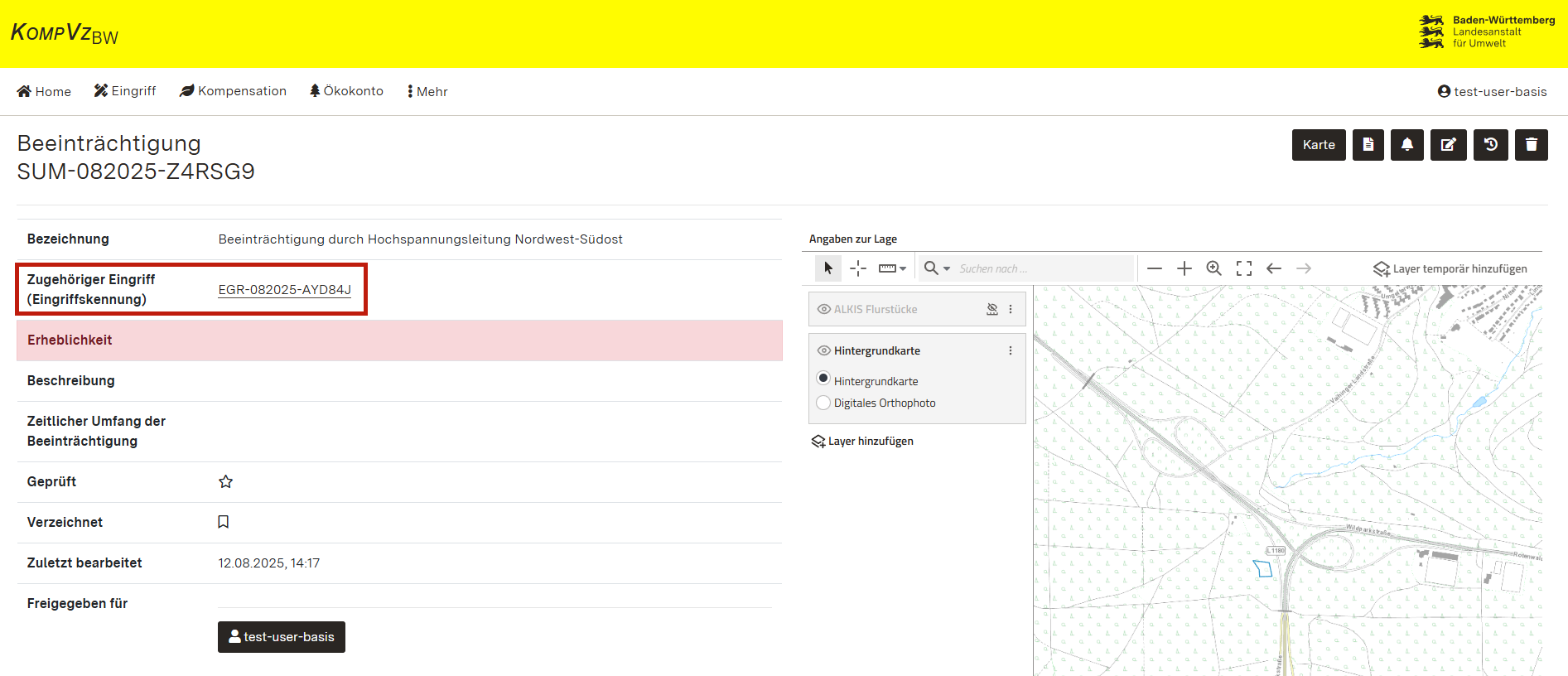 Screenshot der Detailansicht Beeinträchtigung mit Hervorhebung der Verlinkung zum zugehörigen Eingriff