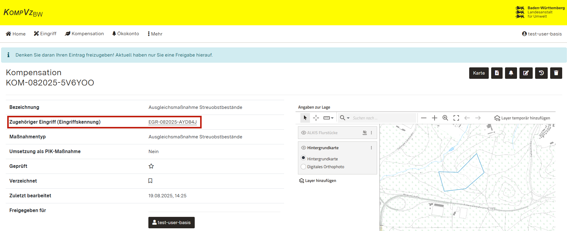 Screenshot der Detailansicht Kompensationsmaßnahme mit Hervorhebung der Verlinkung zum zugehörigen Eingriff