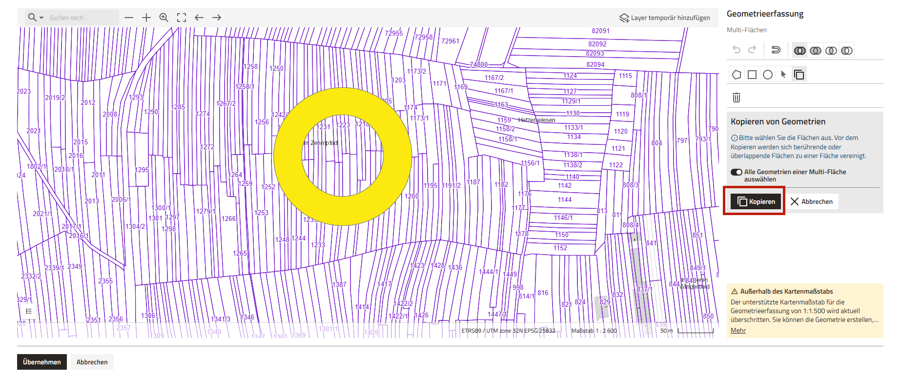 Screenshot der Geometrieerfassung mit ausgewählter und gelb markierter Geometrie und hervorgehobenem "Kopieren"-Button auf der rechten Seite