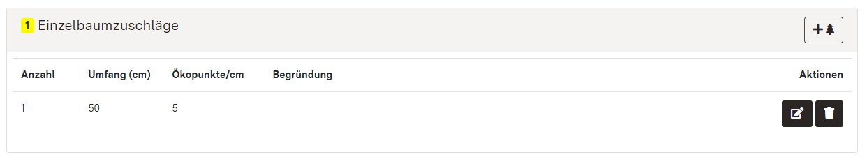 Screenshot des Moduls "Einzelbaumzuschläge" in der Detailansicht einer Biotopbewertung