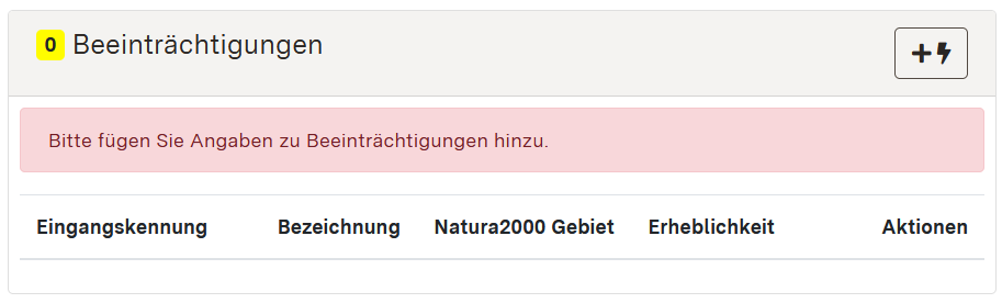 Screenshot der Detaildaten Beeinträchtigungen im Eingabeformular für Eingriffe