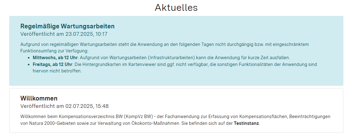 Screenshot des Bereichs der aktuellen Meldungen auf der Landingpage
