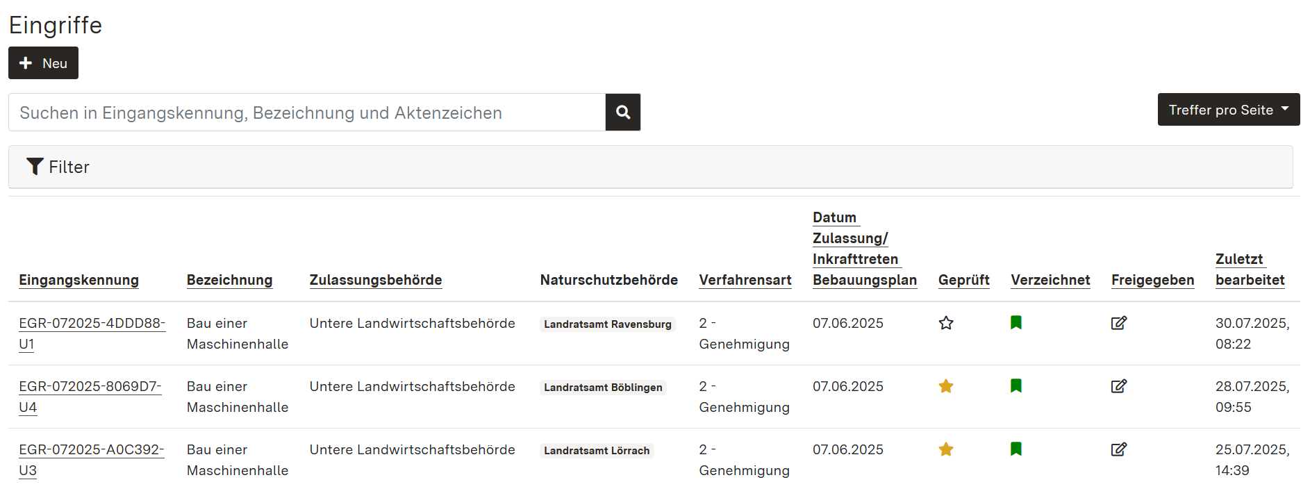 Screenshot der Übersichtstabelle zu Eingriffen mit sortierter Spalte Zuletzt bearbeitet