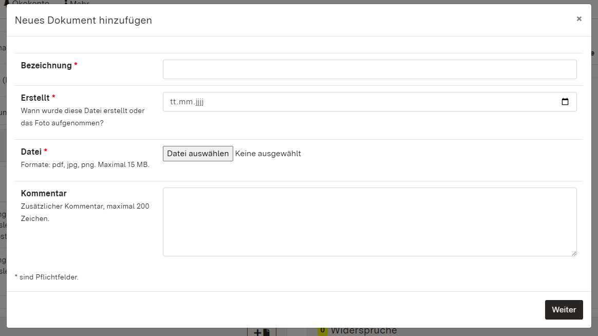 Screenshot des Dialogfensters zum Hinzufügen eines Dokuments