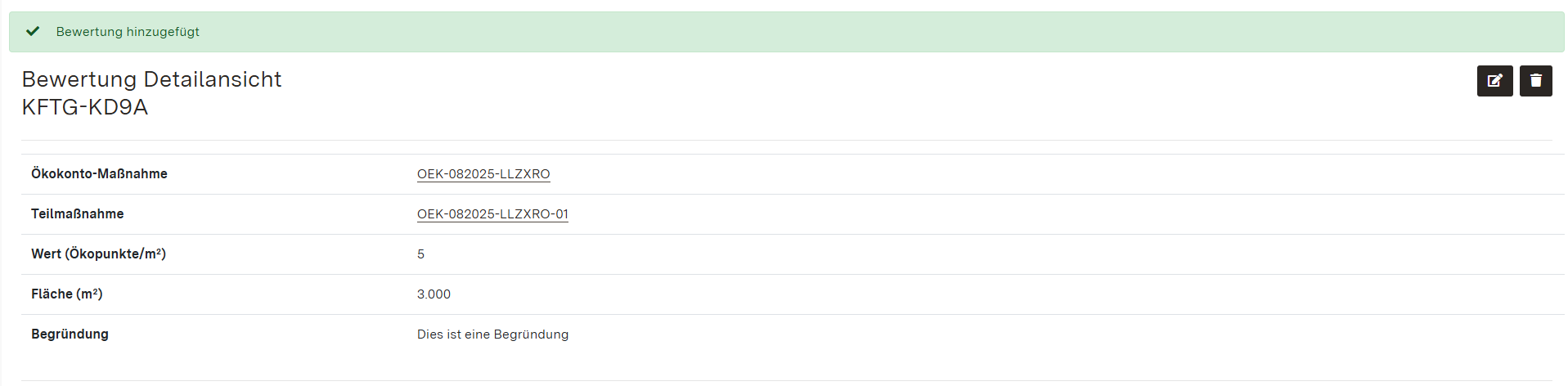Screenshot der Detailansicht einer Bewertung im Bereich Retentionsflächen