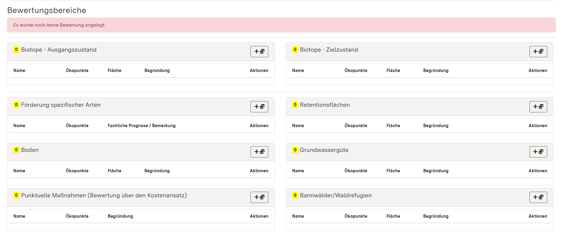 Screenshot des Abschnitts "Bewertungsbereiche" mit Fehlermeldung, dass noch keine Bewertung hinterlegt wurde