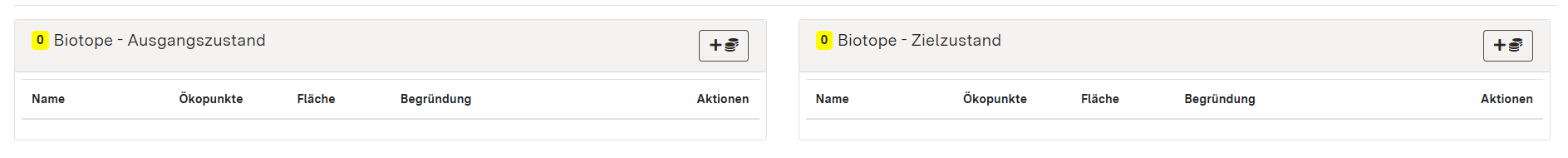 Screenshot der Bewertungsübersicht des Ausgangs- und Zielzustandes bei Biotopen ohne Einträge