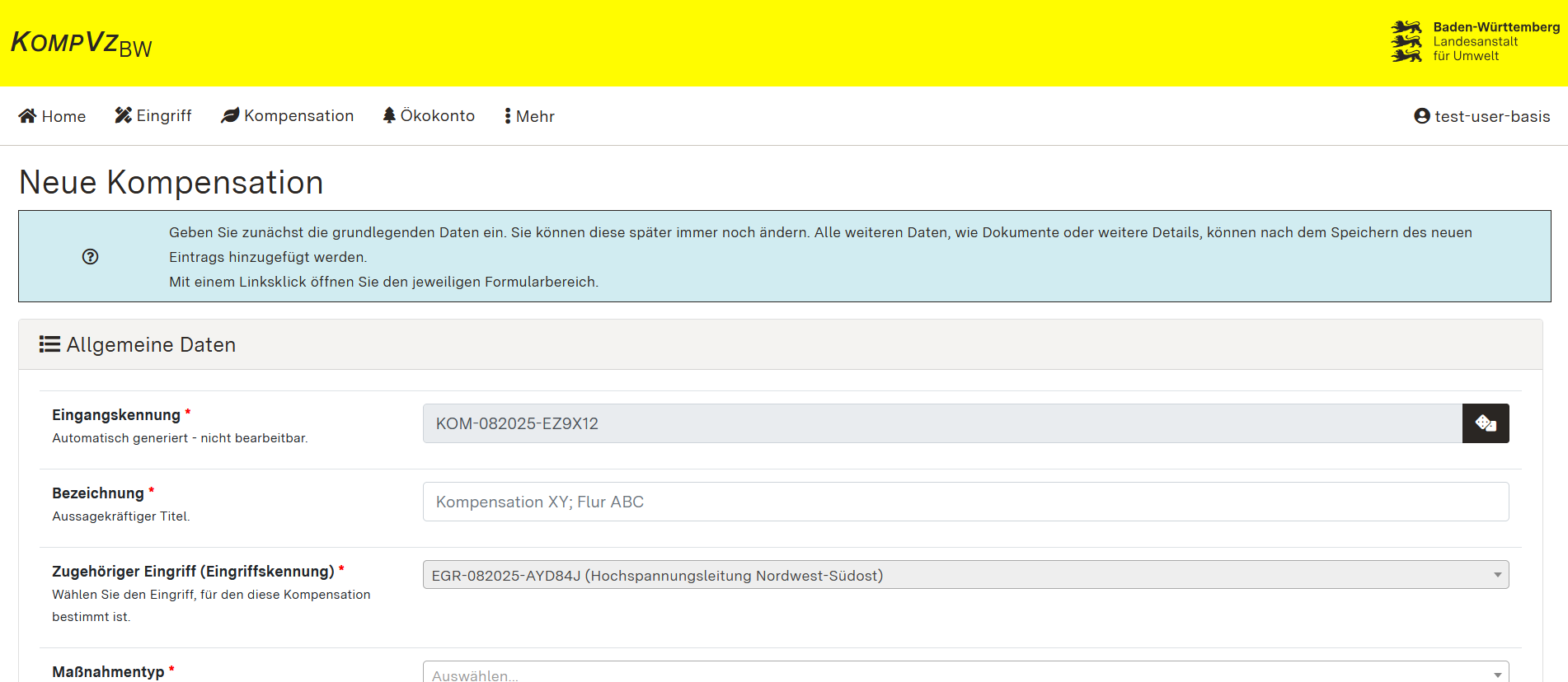 Screenshot des Formularbeginns zum Erfassen der Allgemeinen Daten einer Kompensationsmaßnahme