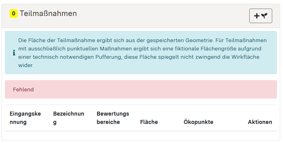Screenshot der Detaildaten Teilmaßnahmen im Eingabeformular für Ökokonto-Maßnahmen