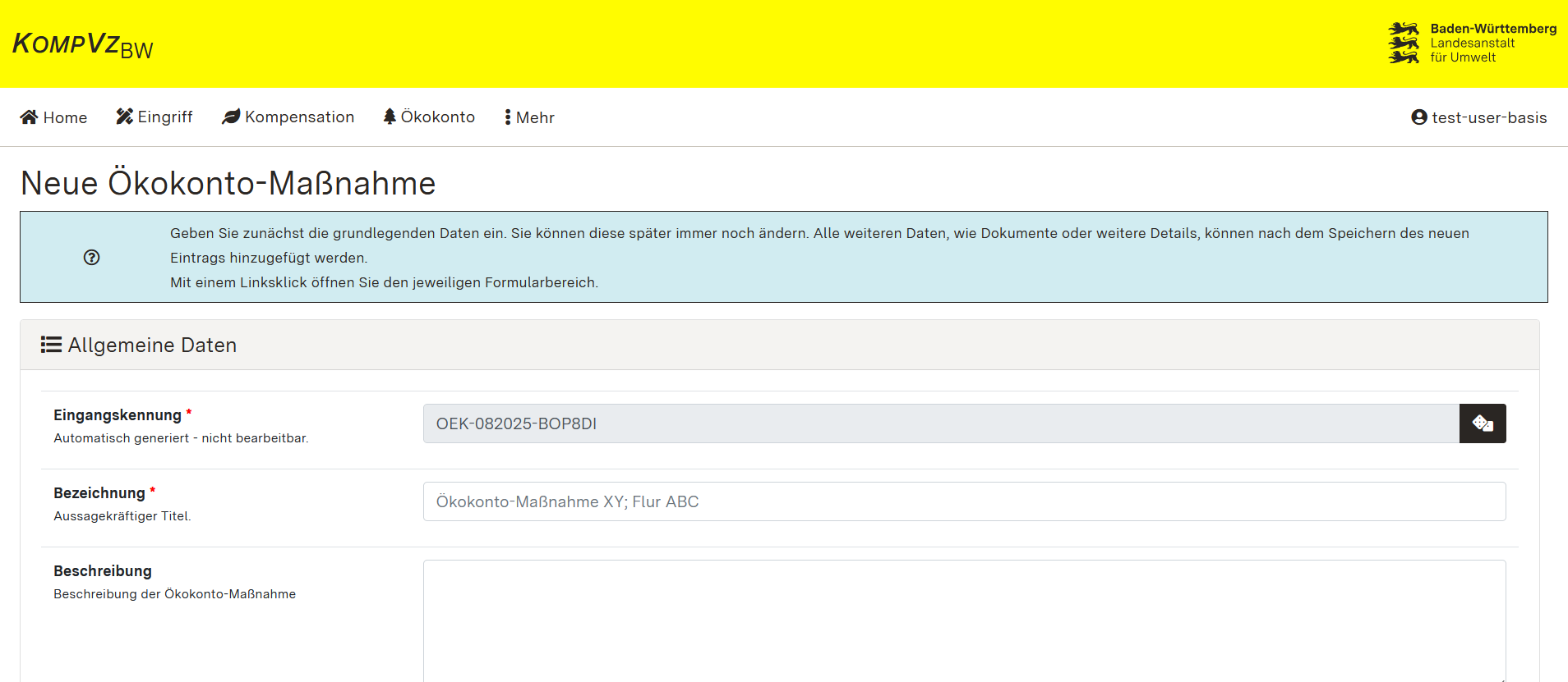Screenshot des Formularbeginns zum Erfassen der Allgemeinen Daten einer Ökokonto-Maßnahme