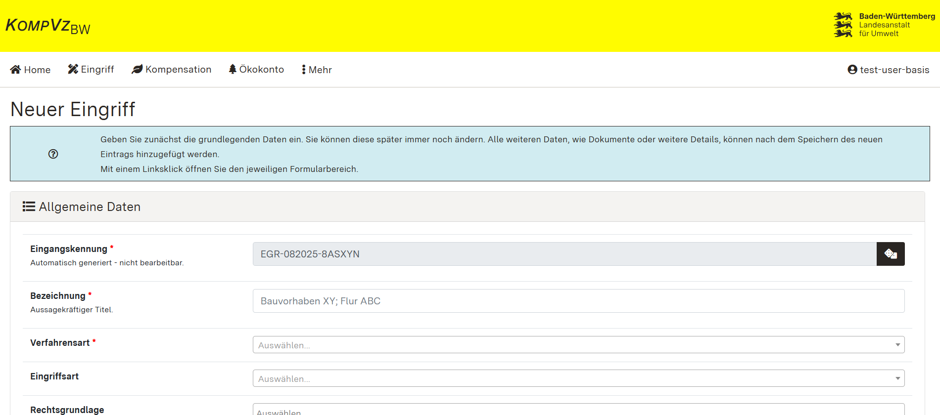 Screenshot des Formularbeginns zum Erfassen der Allgemeinen Daten eines Eingriffs