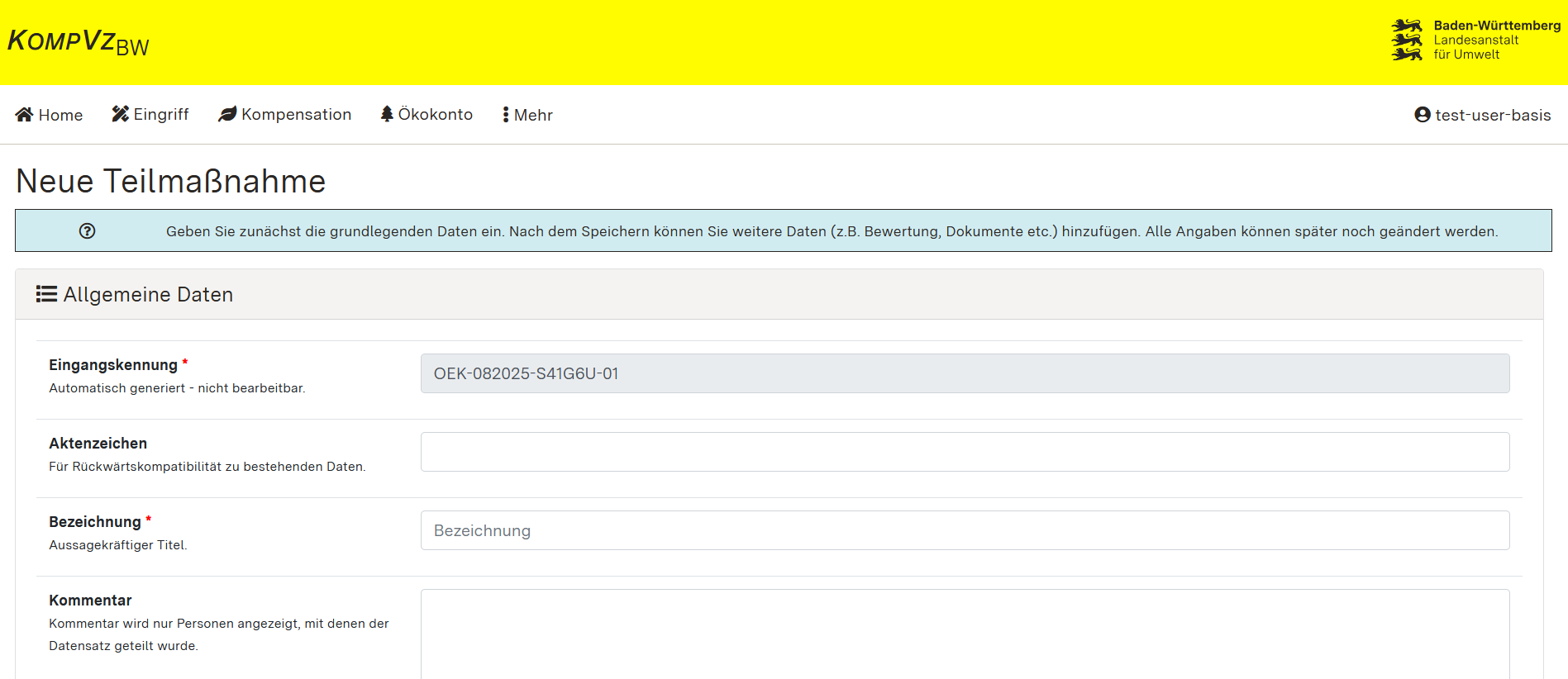 Screenshot des Formularbeginns zum Erfassen der Allgemeinen Daten einer Teilmaßnahme