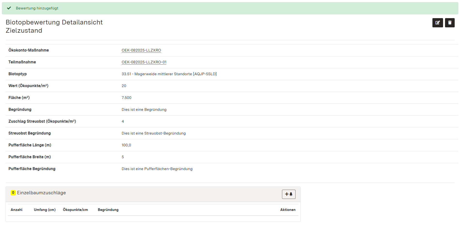 Screenshot einer Detailansicht einer hinterlegten Biotopbewertung im Zielzustand