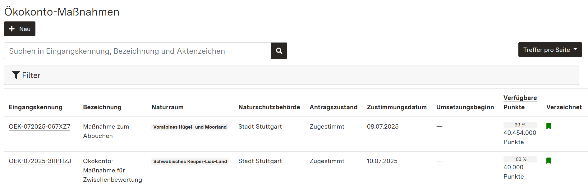 Screenshot der Übersichtstabelle Ökokonto-Maßnahmen mit der Möglichkeit zum Anlegen eines neuen Eingriffs über den Button Neu