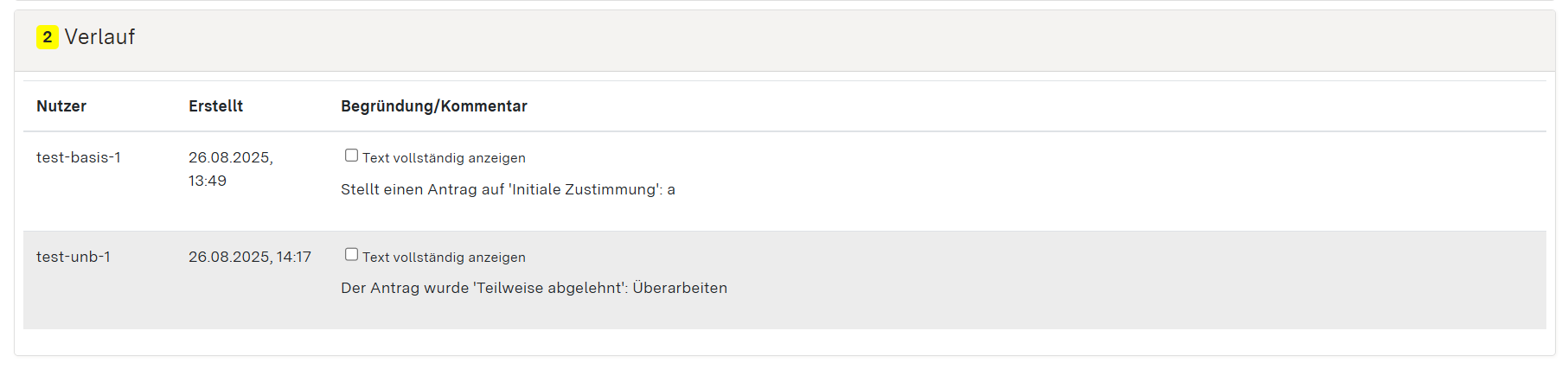 Screenshot: Verlauf-Modul mit Eintragungen
