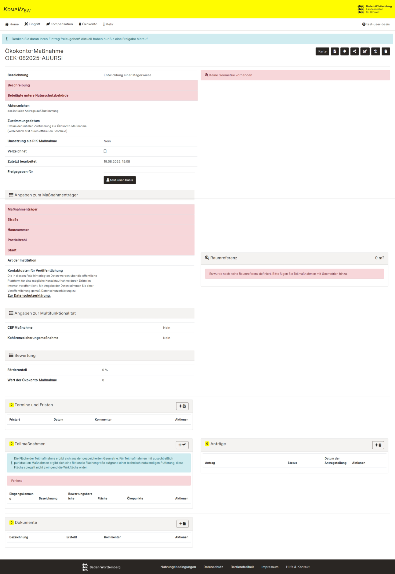 Screenshot der Detailansicht einer Ökokonto-Maßnahme