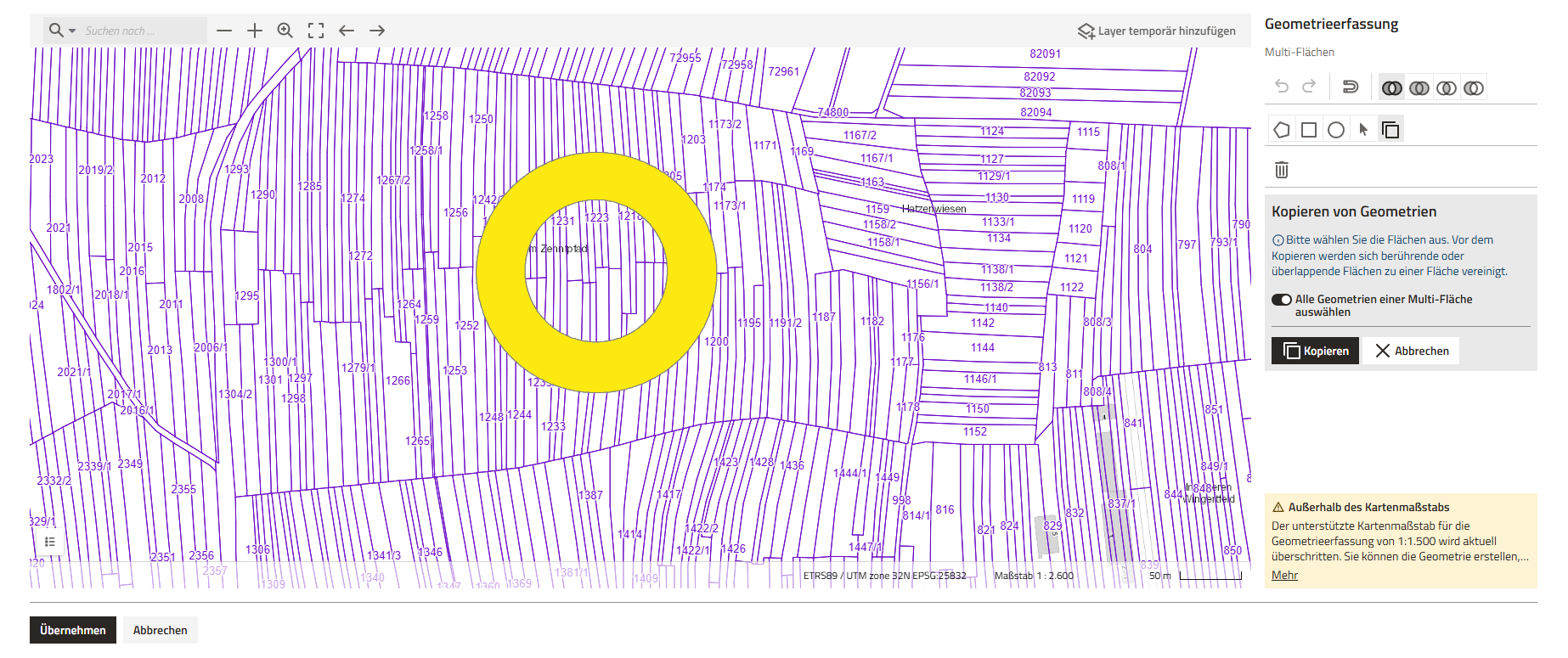 Screenshot der Geometrieerfassung mit ausgewählter und gelb markierter Geometrie