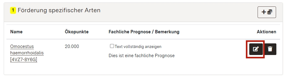 Screenshot der Übersicht einer hinterlegten Bewertung im Bereich Förderung spezifischer Arten mit Hervorhebung des Buttons zum Bearbeiten