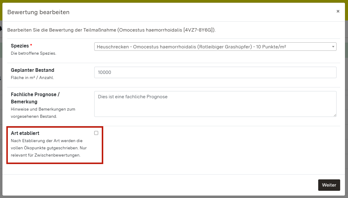 Screenshot des Dialogfensters zur Bearbeitung einer Bewertung im Bereich Förderung spezifischer Arten mit Hervorhebung des Felds "Art etabliert"