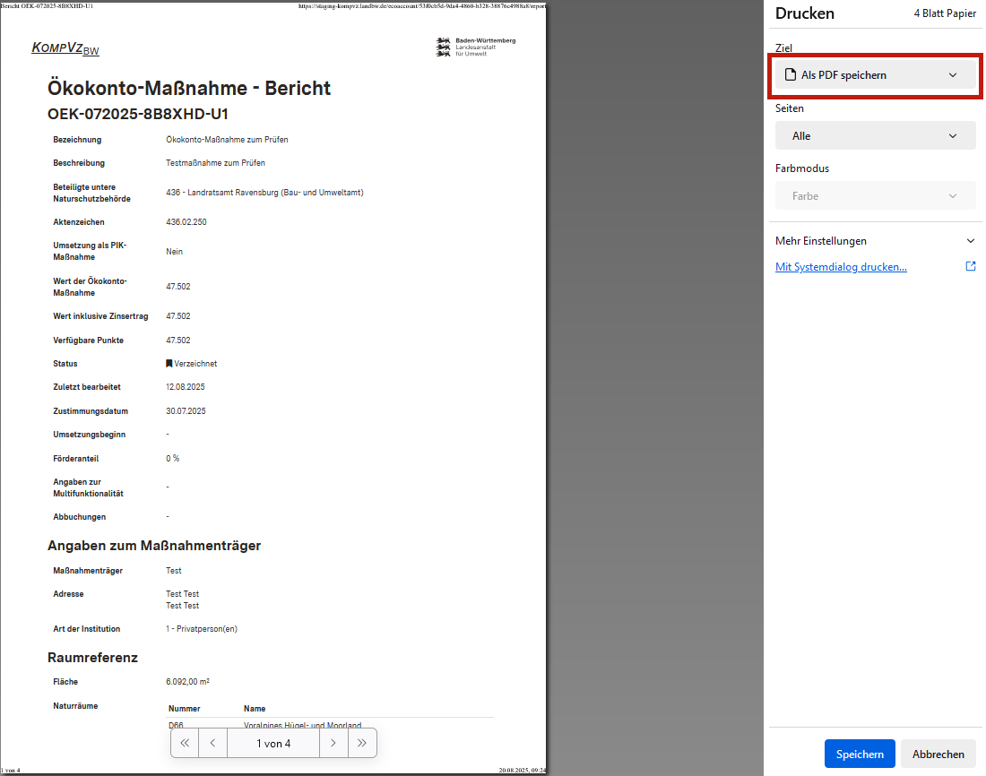 Screenshot des Drucken-Dialogensters mit Hervorhebung des gewählten Ziels "Als PDF speichern"
