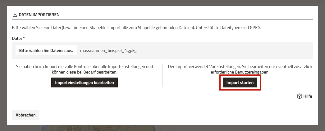 Screenshot des Dialogfensters zum Datenimport mit Hervorhebung des Buttons "Import starten"