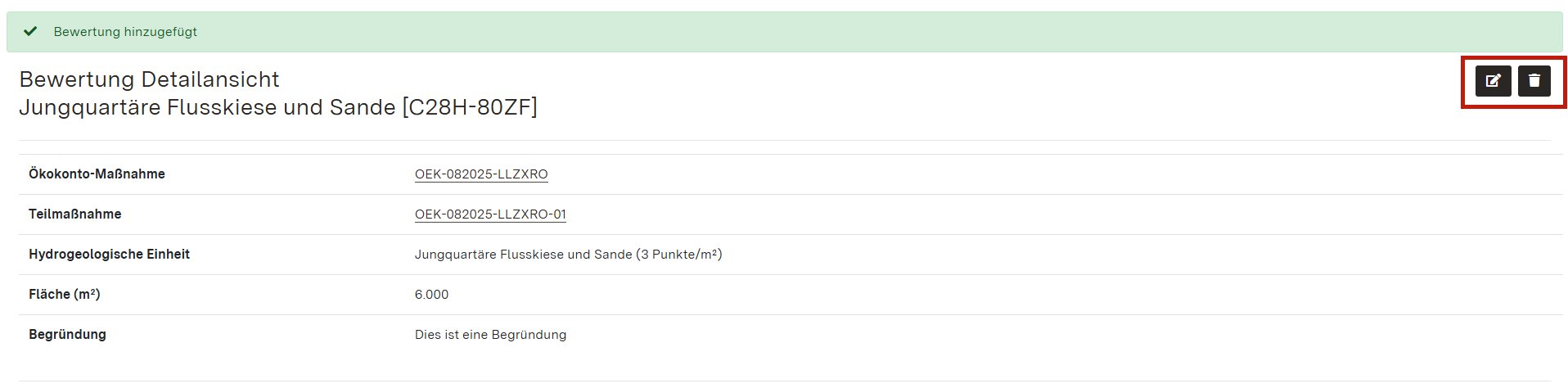 Screenshot der Detailansicht einer Bewertung im Bereich Grundwasser mit Hervorhebung der Kontrollelemente zum Bearbeiten und Löschen
