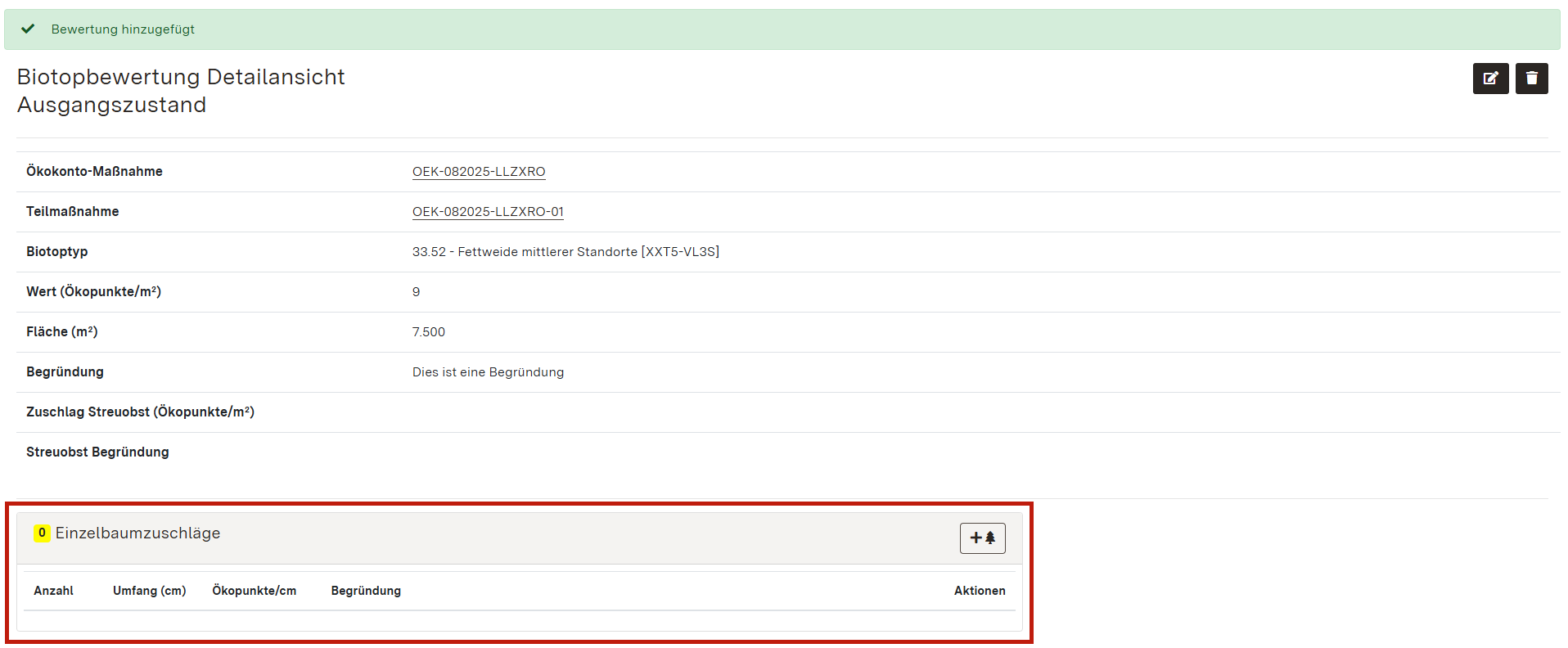 Screenshot einer Detailansicht einer Biotopbewertung im Ausgangszustand mit Hervorhebung des Moduls "Einzelbaumzuschläge" im unteren Bereich